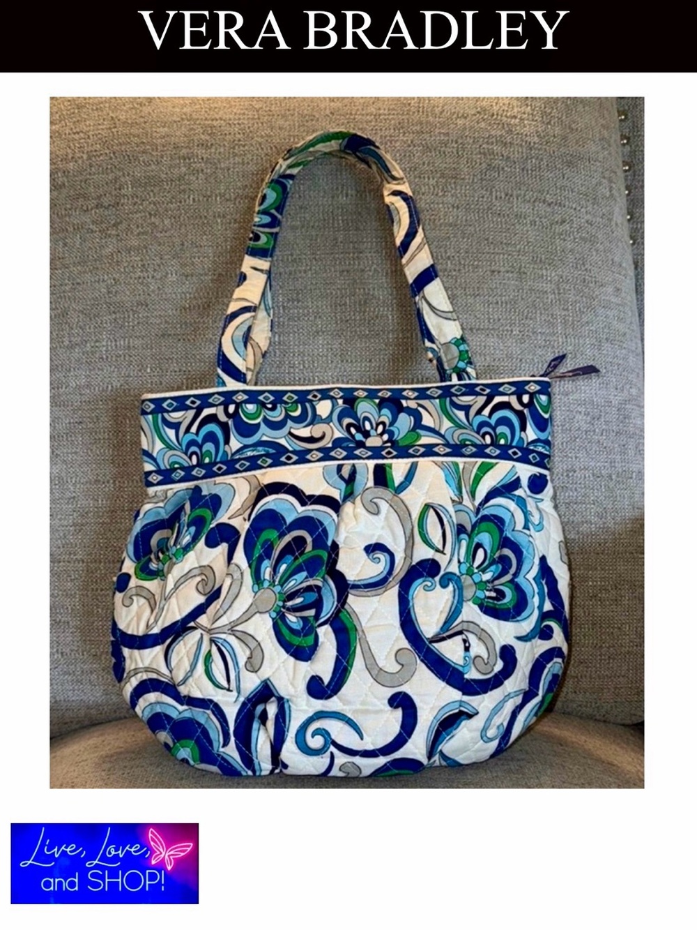 VERA BRADLEY Blue Floral Quilted Tote Bag, EUC